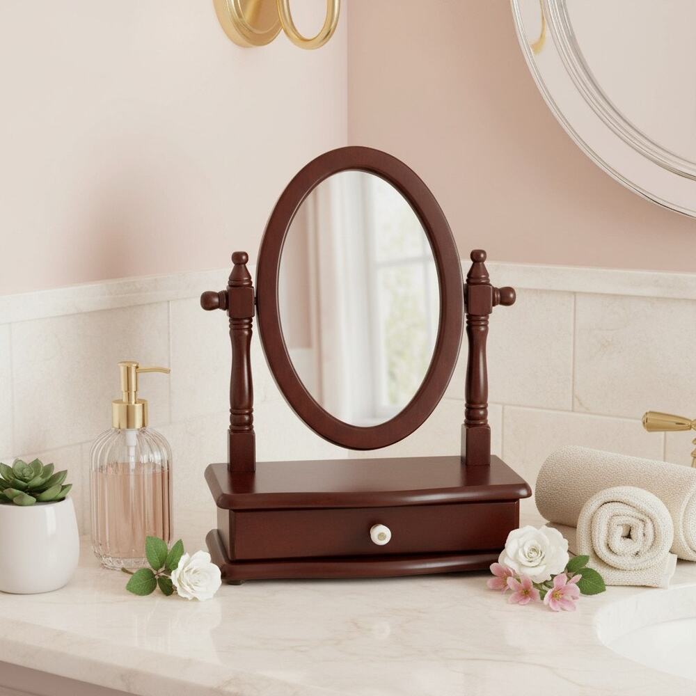 Vintage Style Vanity Mirror w Drawer-Traditional Tabletop-Mahogany Tone-Classic - Picture 2 of 10